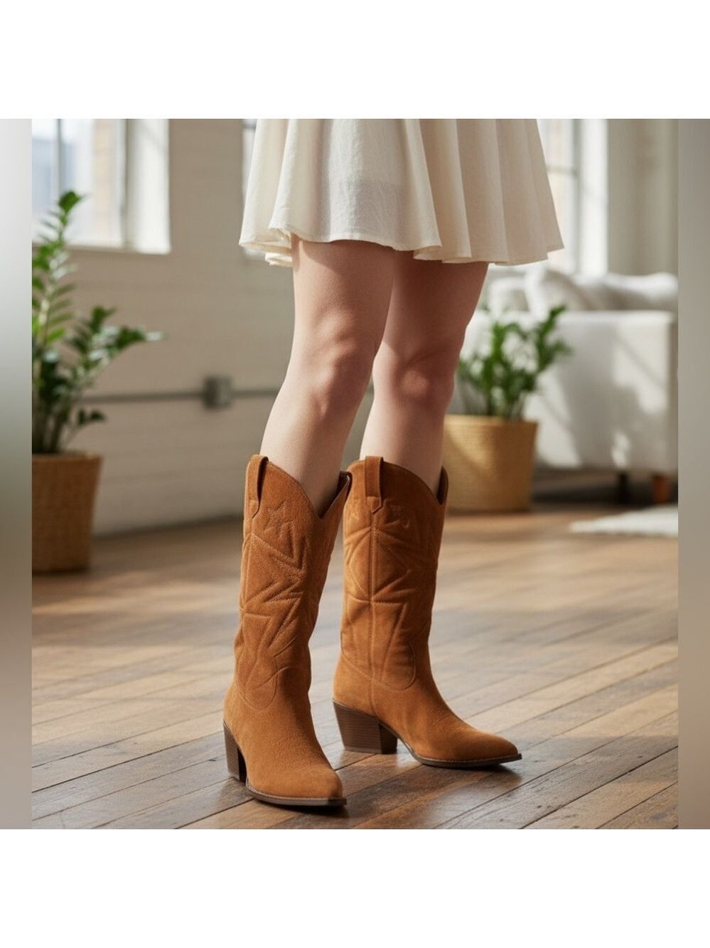 Time and Tru Cowboy Boots Cognac Faux Suede Wide Size 9 - Picture 1 of 12